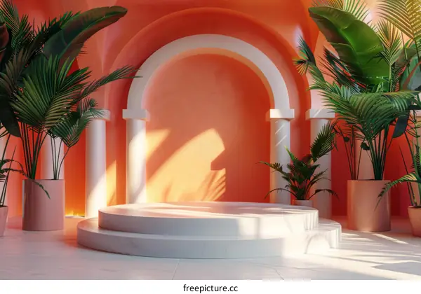 Coral Archway Display Podium with Lush Greenery