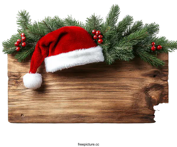 [Transparent Background PNG]Christmas Wooden Sign with Santa Hat and Fir Tree Decorations