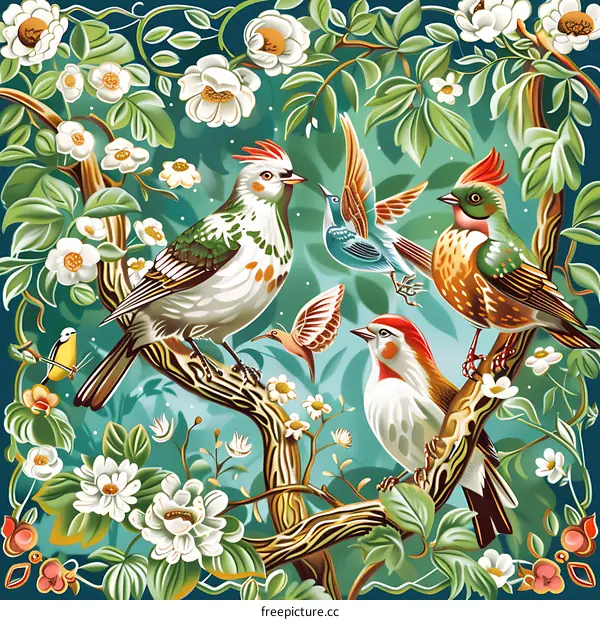 Colorful Birds in Spring Garden