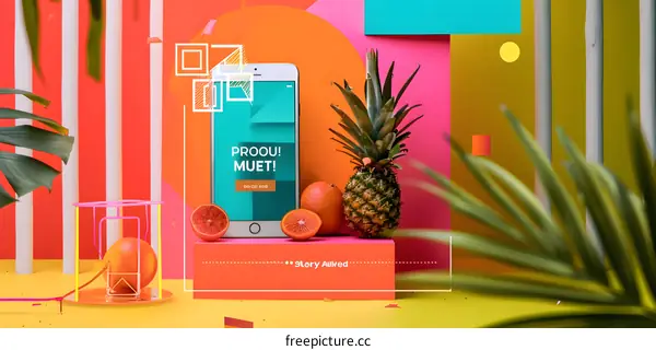 Colorful Abstract Background with Pineapple and Phone