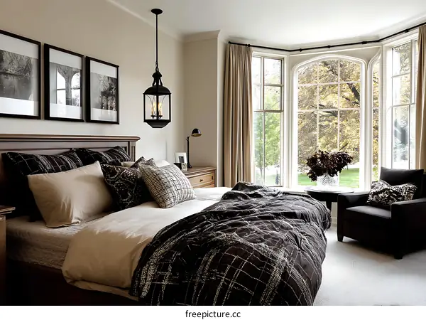 Elegant Bedroom with Bay Window and Hanging Lamp