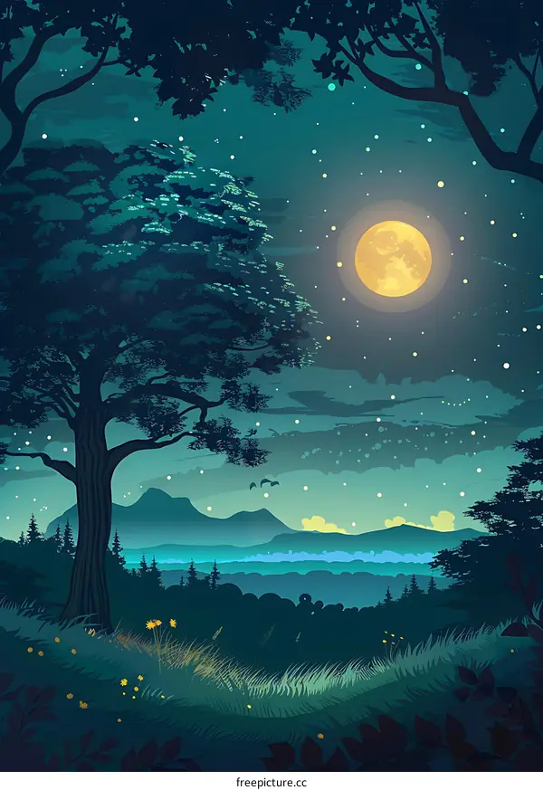 Night Sky Over the Forest Mountains and Full Moon