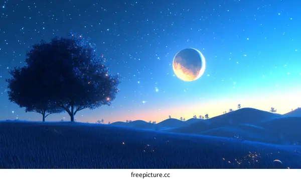 Mystical Night Landscape with Crescent Moon