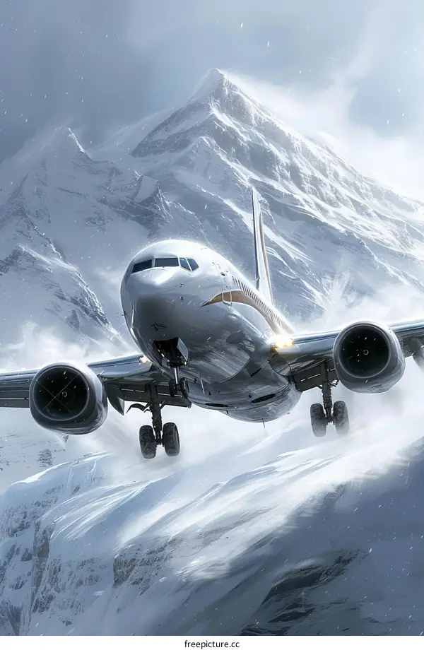 Boeing 737 airplane flying over snow-capped mountains