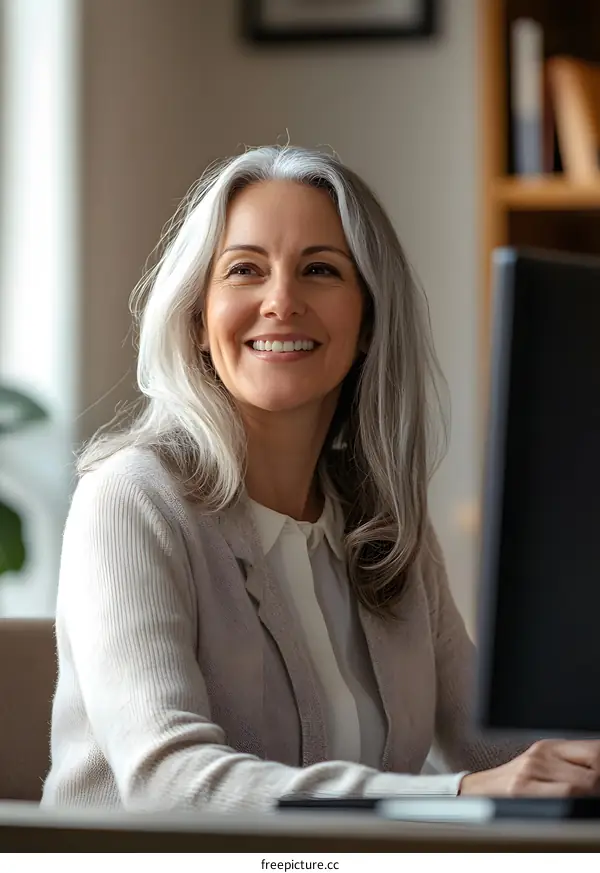 Smiling Mature Woman Working On Computer