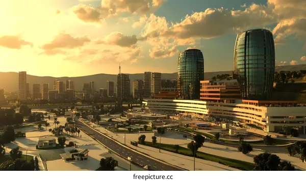 Aerial View of Modern Cityscape with Tall Buildings and Green Spaces at Sunset