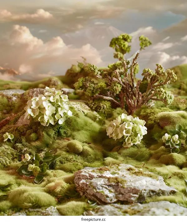 Green Mossy Landscape with White Flowers and Mountains in Background