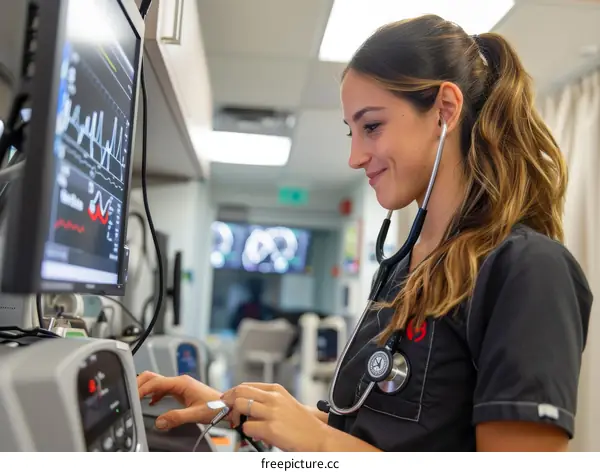 A female nurse wearing a stethoscope uses a computer in a hospital.