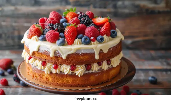 A two-tiered cake with berries and cream cheese frosting