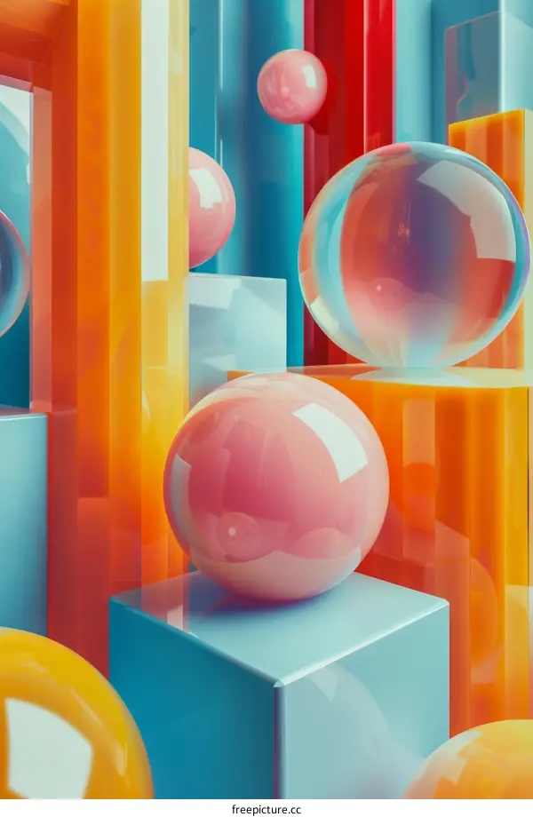 Pink and blue abstract 3D rendering with floating spheres and geometric shapes