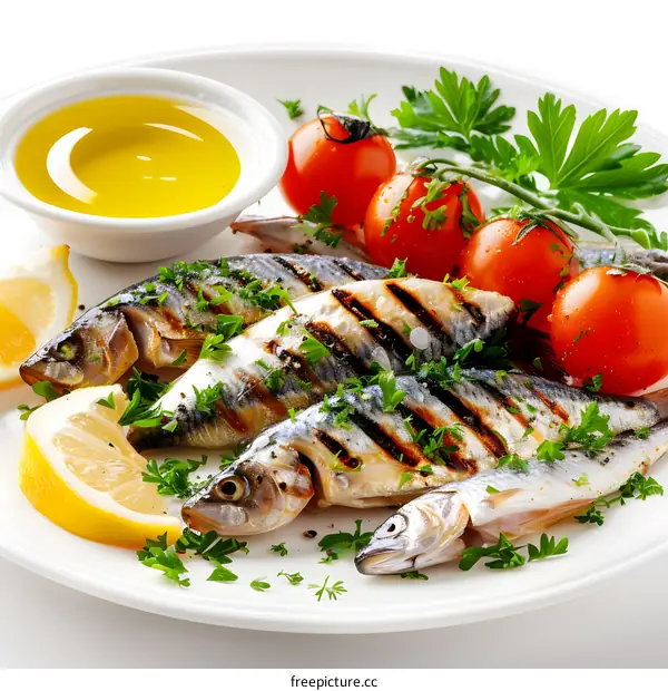 Grilled fish with lemon and tomatoes