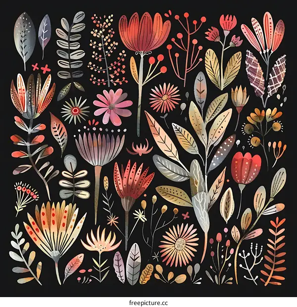 Watercolor Floral Illustration With Black Background