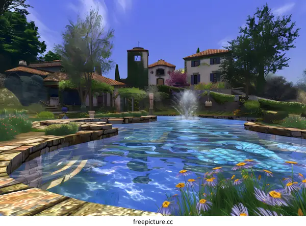 3D Rendered Italian Villa with a Blue Pool and Green Gardens