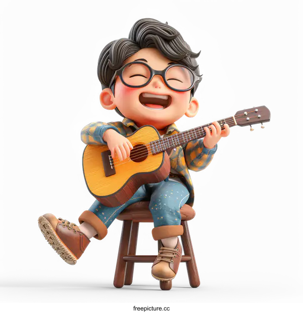 [Transparent Background PNG]Smiling Boy Cartoon Character Playing Guitar Illustration