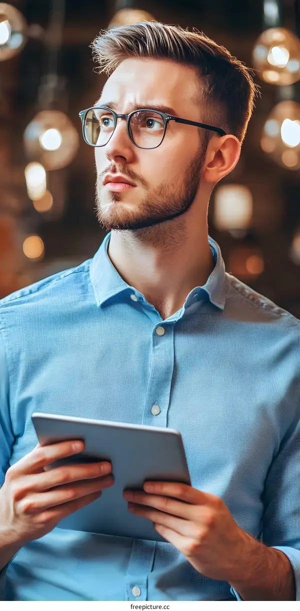 Young Man in Blue Shirt Using Tablet