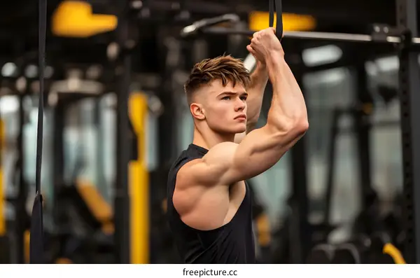 Muscular Man Exercising With Suspension Straps in Gym