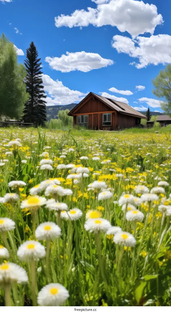Small wooden house in a green field full of colorful wildflowers under a blue sky with white clouds