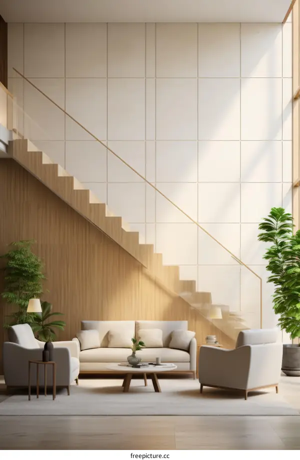 Modern Living Room with Wooden Wall and Large Windows