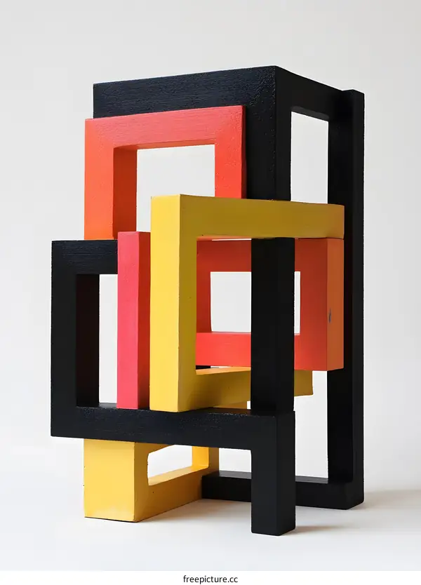 Abstract Sculpture with Interlocking Wooden Frames in Black, Yellow, and Red