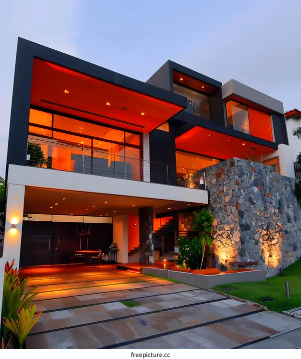 Modern House with Orange Roof and Stone Wall
