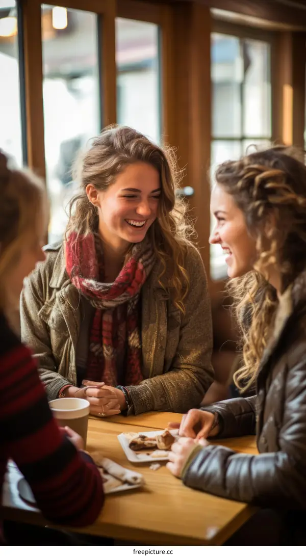 Three young women sitting at a table in a cafe talking and laughing