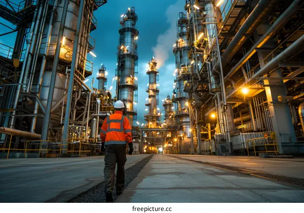 Oil and gas worker walking through an oil refinery