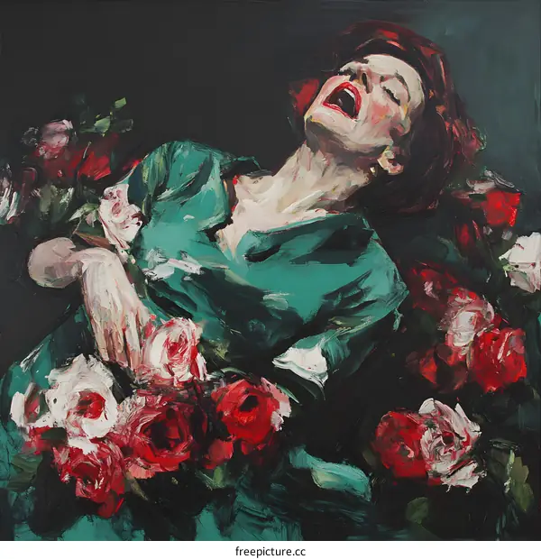 Woman with Roses in Green Dress
