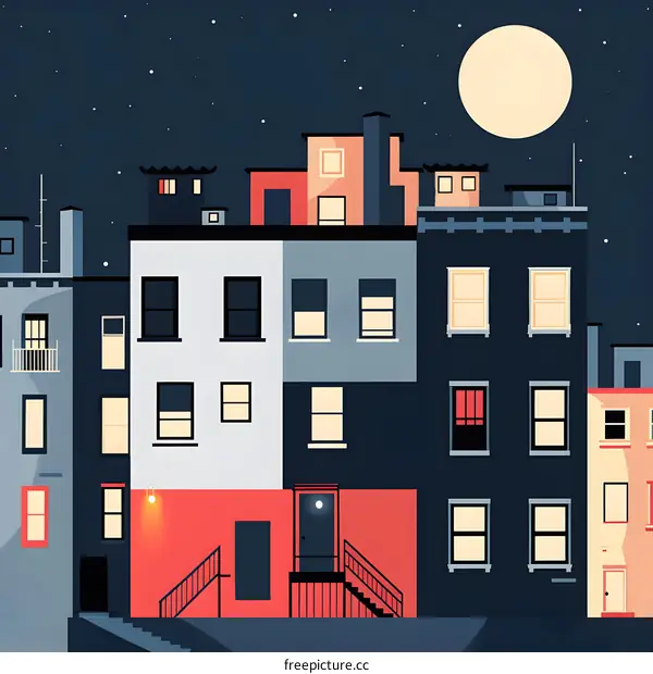 Nighttime Cityscape with Row of Buildings and a Large Full Moon