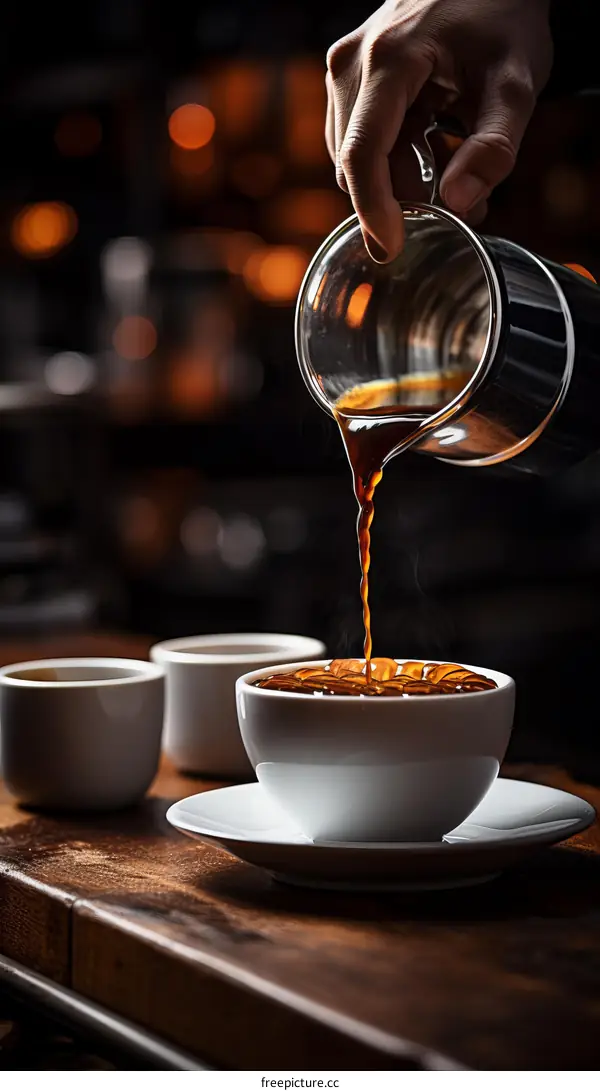 Barista pouring coffee from a silver jug into a white ceramic cup