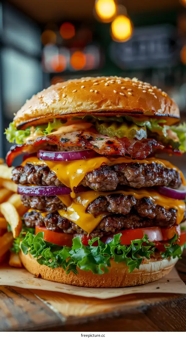 A mouthwatering triple cheeseburger with bacon and caramelized onions