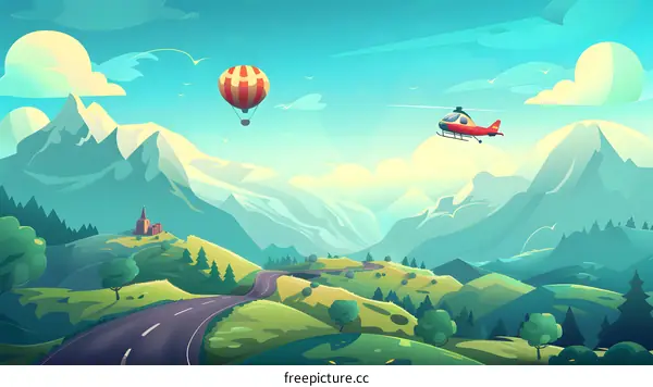 Cartoon Landscape of Mountains with Helicopter and Hot Air Balloon