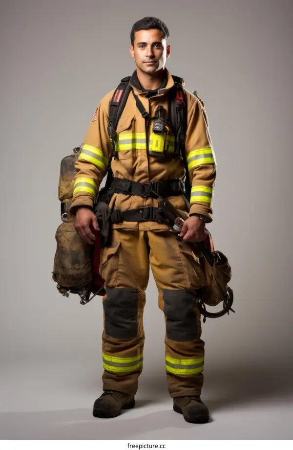 Portrait of a Confident Hispanic Firefighter in Full Gear