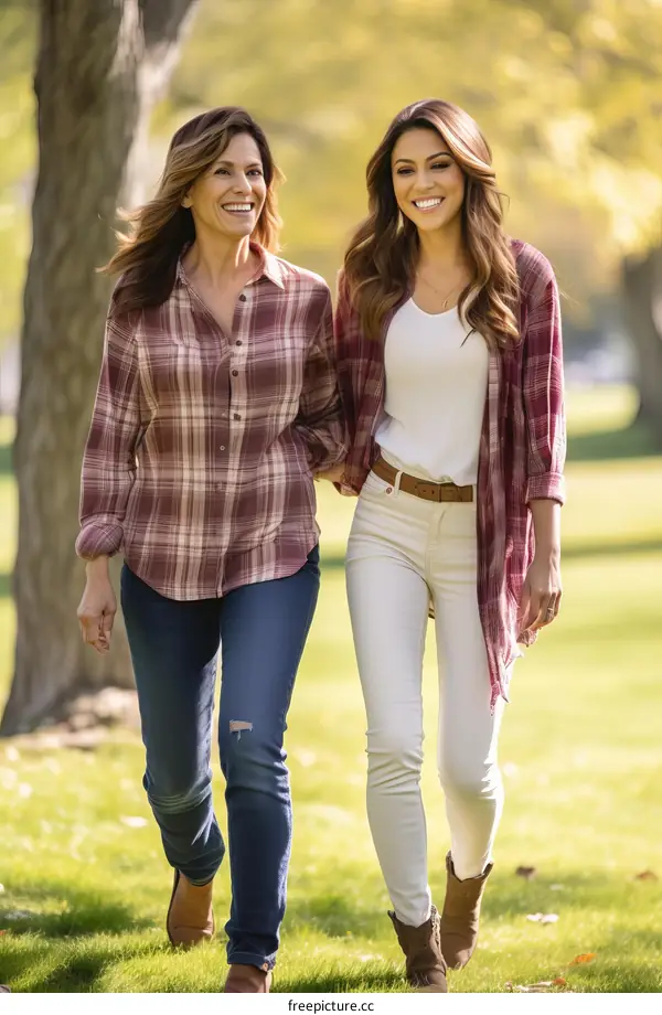 Two smiling women walking in a park