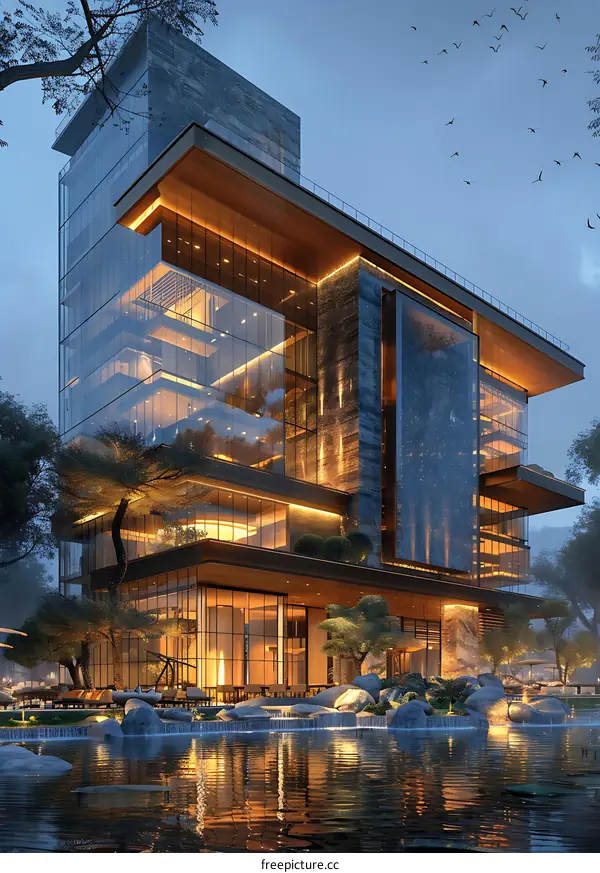 A modern office building with a reflecting pool in front of it.