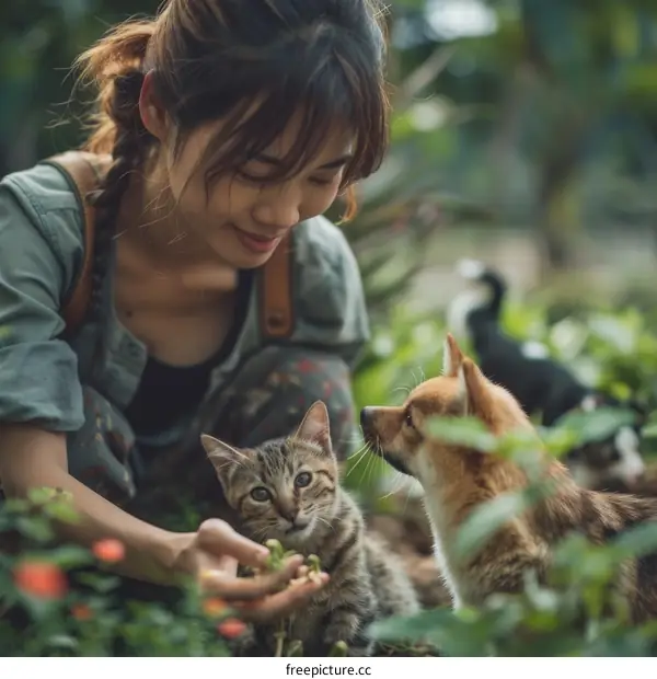 A young woman is feeding a cat and a dog in the garden.