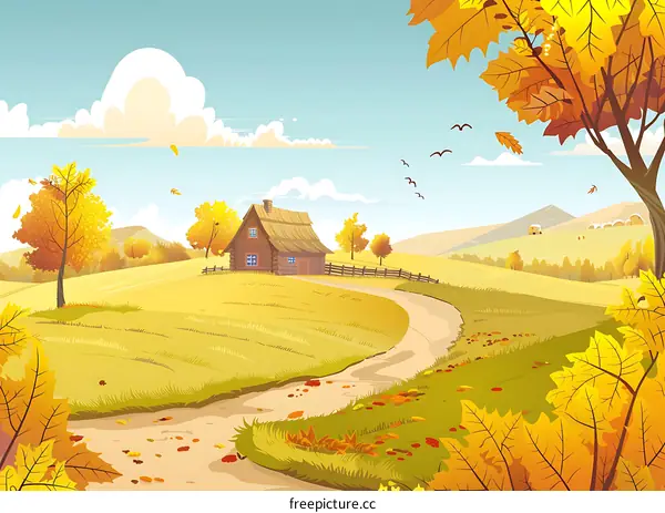 Autumn Landscape With Cabin And Winding Road