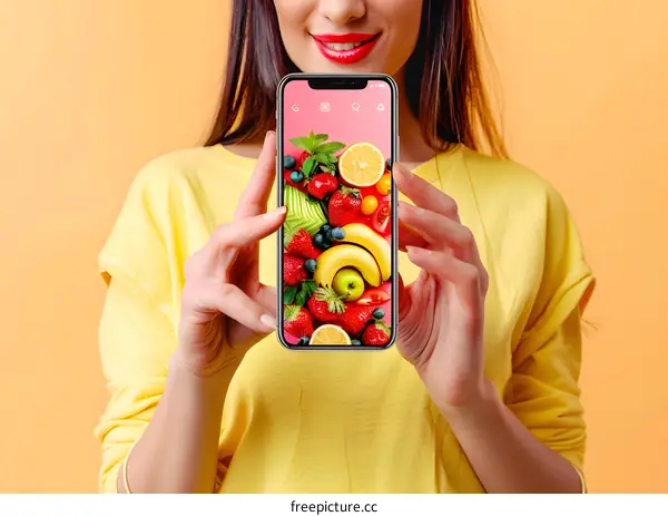 Woman Holding Phone With Fruit Image