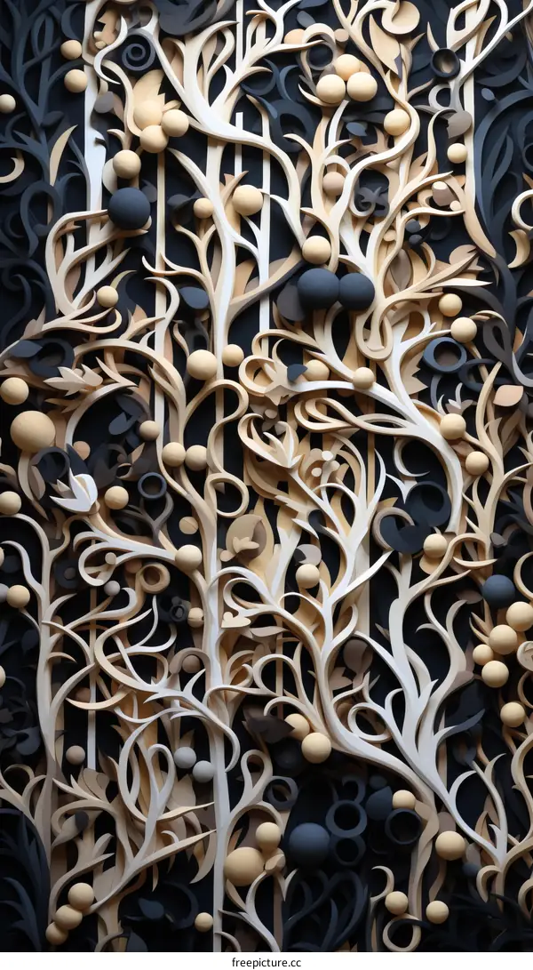 Black and white wooden wall sculpture with a floral pattern