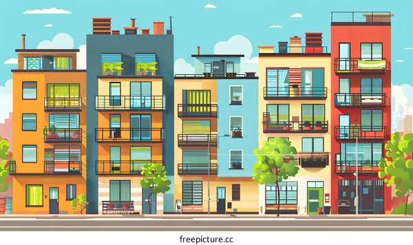 Colorful Apartment Buildings with Balconies on a Sunny Day