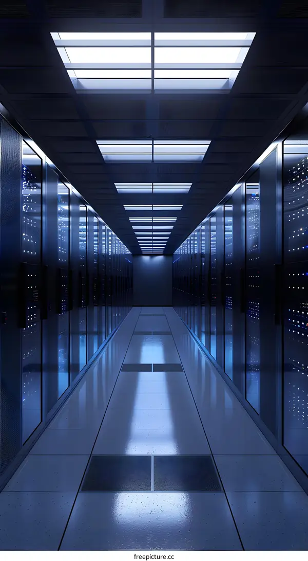 Futuristic data center with rows of server racks