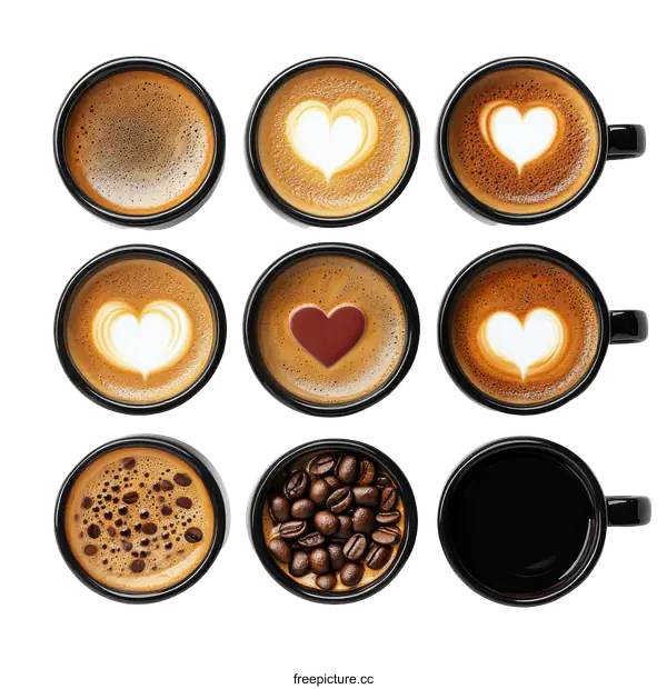 [Transparent Background PNG]Coffee Cups Variety with Heart Shaped Latte Art