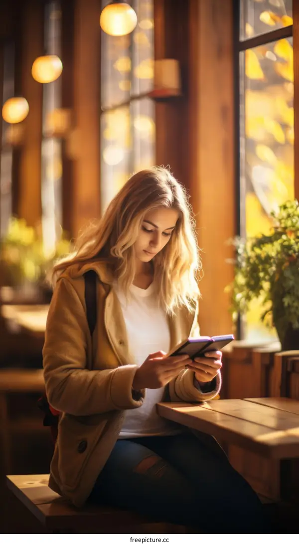 Young woman sitting in a cafe reading a book