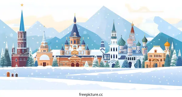 Winter Landscape with Russian Buildings and Mountains