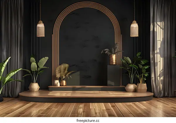 Black Wall Background With Golden Arch And Wooden Platform