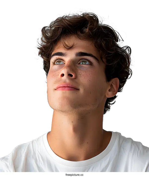 [Transparent Background PNG]Portrait of a Young Man with Curly Brown Hair Looking Upwards