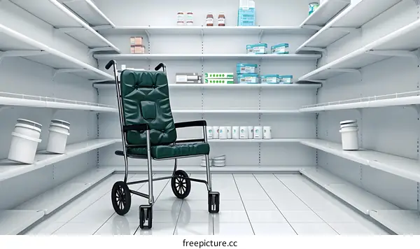 Empty Supermarket Shelves with a Green Chair