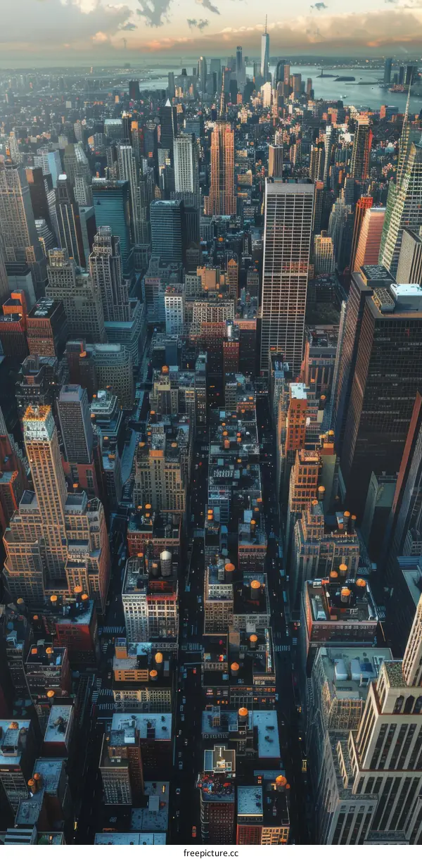 Manhattan Skyline at Sunset: An Aerial View