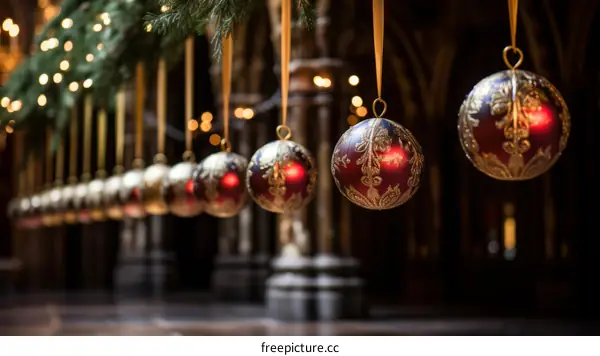 Festive Red and Gold Christmas Ornaments on a Garland in a Church