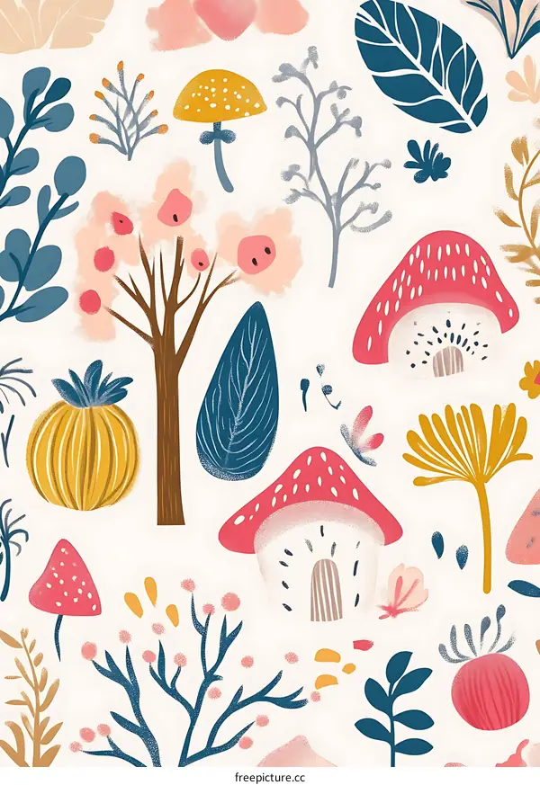 Colorful Illustration of a Forest with Mushrooms, Trees and Flowers