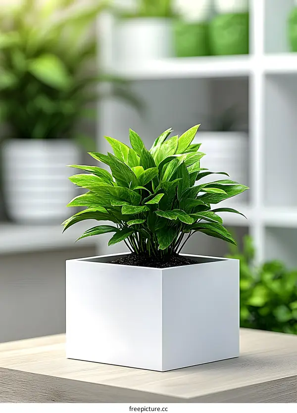 Green Plant in a White Square Pot on a Wooden Table